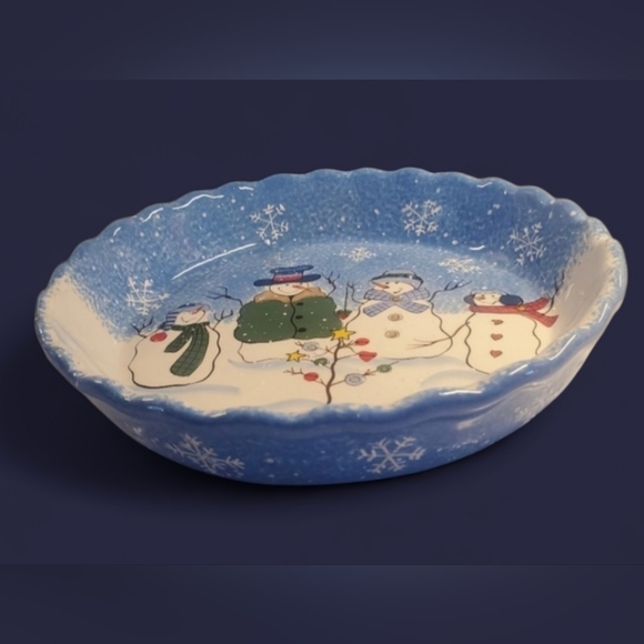 St Nicholas Square Button Up Christmas Snowman Family Ceramic Stoneware Pie Dish - Picture 9 of 12